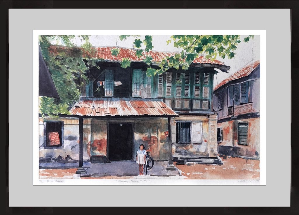 watercolour painting of a girl standing in front of a kampong house at kampong penang, Singapore